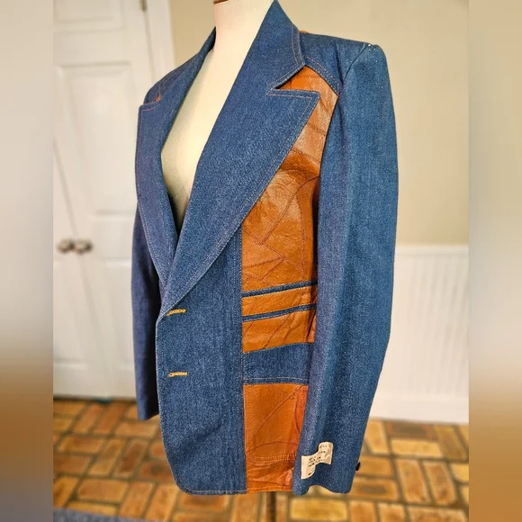 NWT VTG 70s OU.I International Denim And Leather Suit Jacket Blazer Size 44 - Picture 2 of 10